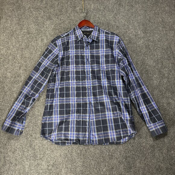 Banana Republic Shirt Mens Large Button Up Long Sleeve Blue Plaid Cotton Stretch - Picture 1 of 8